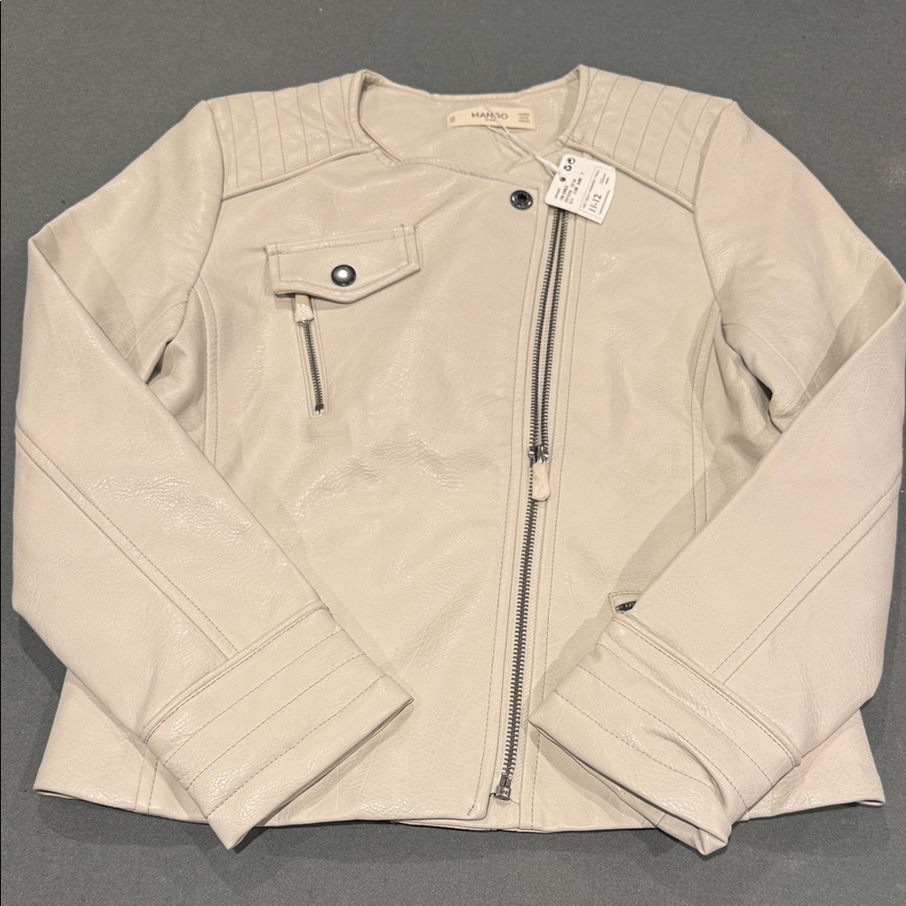 NWT Mango kids Girls Leather effect  biker Jacket, ivory size 11/12 ~$69